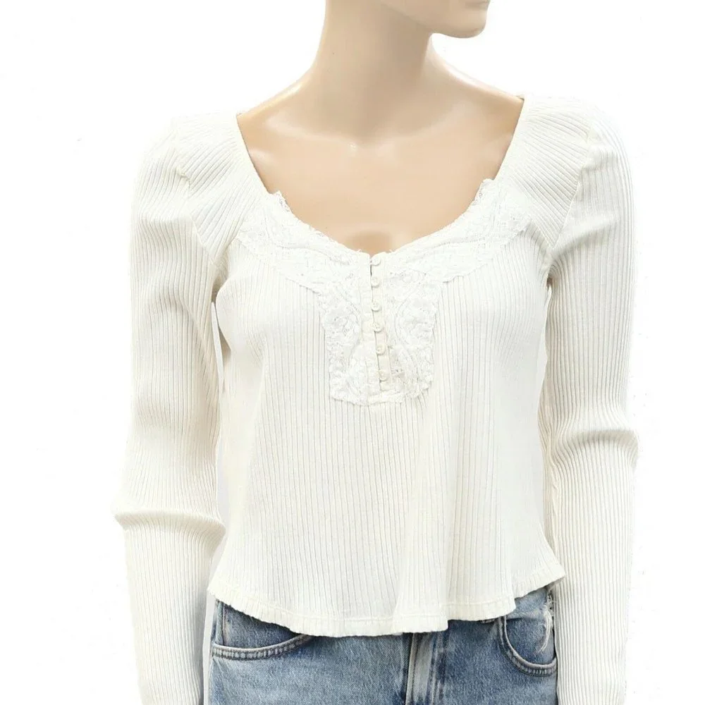 Anthropologie Pilcro Lace White Blouse Tee Top Round Neck Long Sleeve S